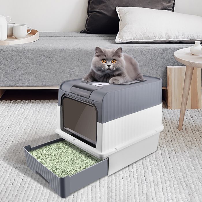 Meilleurs prix pour Bac à litière en PP avec couvercle, XJING grand espace, avec 1 tiroir désodorisant et une pelle, facile à nettoyer (49*37*35）