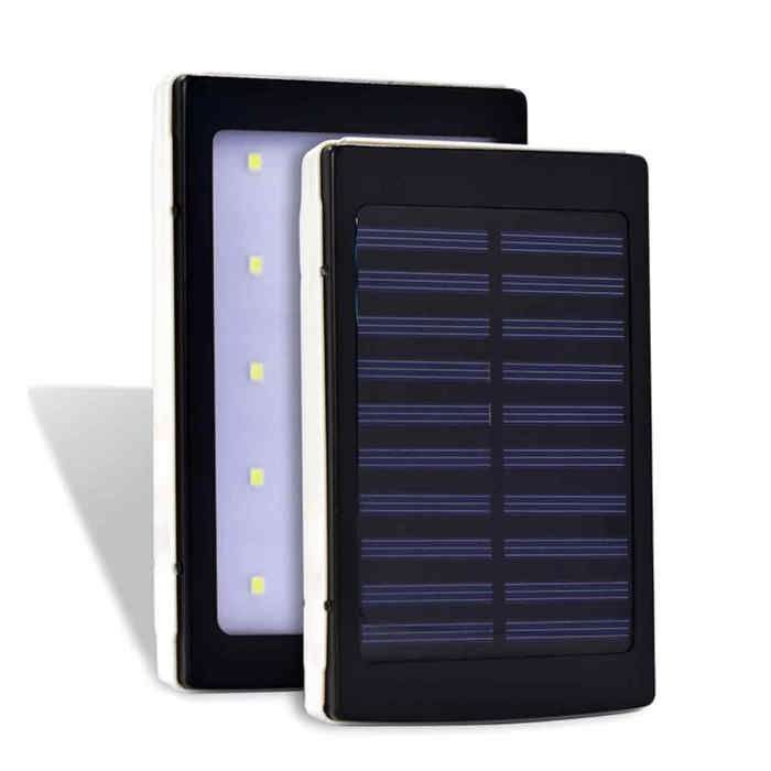 Batterie externe portable 10 000 mAh avec double port USB et lampe de camping LED à énergie solaire noire