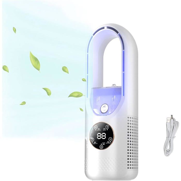 Ventilateur sans pale silencieux de bureau USB 6 vitesses – Mini climatiseur portable avec humidificateur lumière d’ambiance - Prumya