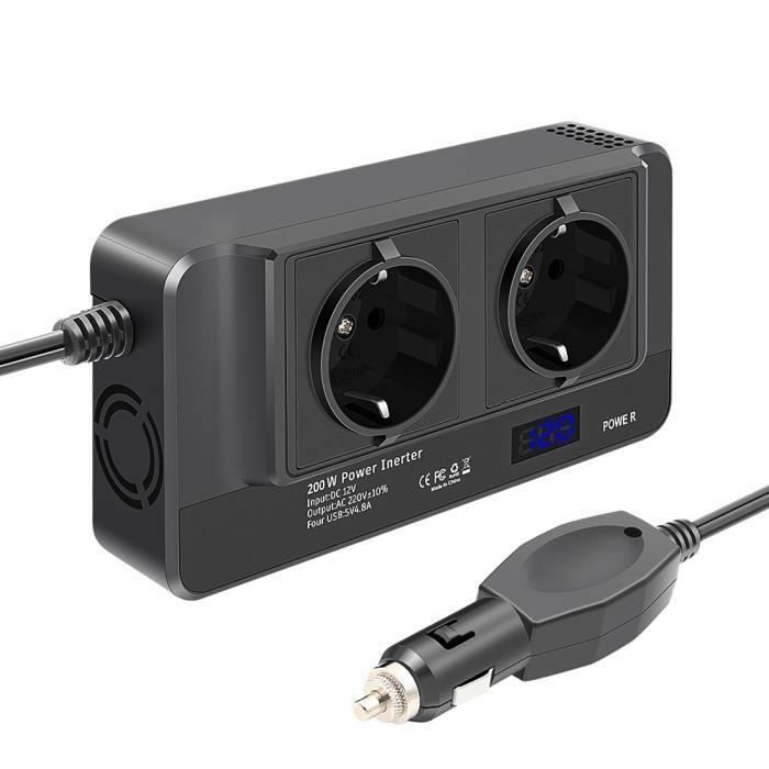 Onduleur de Voiture 200W Convertisseur de Tension 12V à 220V avec Affichage Intelligent de LHeure LCD 2 Prises et 4 Chargeurs