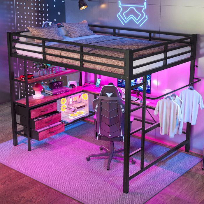 Lit mezzanine 140x200 cm - avec éclairage LED - avec bureau - avec prise + USB - avec 3 tiroirs - étagère + escalier - noir Lit mezzanine 140x200 cm - avec éclairage LED - avec bureau - avec prise + USB - avec 3 tiroirs - étagère + escalier - noir