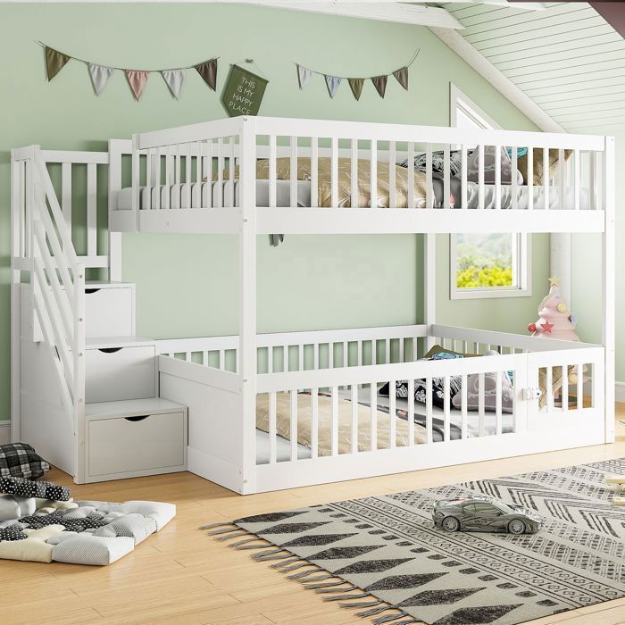 Lit superposé - SOGEU - Lit Superposé 140x200 avec Escalier et Tiroirs - Bois massif - Escalier rangement - Blanc/Beige