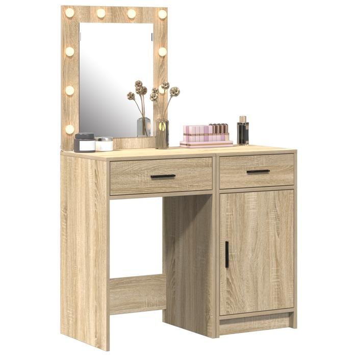 Coiffeuse moderne avec LED - vidaxl - Ensemble 2 pièces - Bois chêne Sonoma - 50x41x135 cm - Beige - Rangements inclus