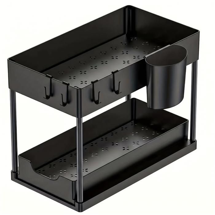 Étagère de rangement sous-évier - Double étagère 375x205x335 cm - Fond évidé - Forte charge - Noir