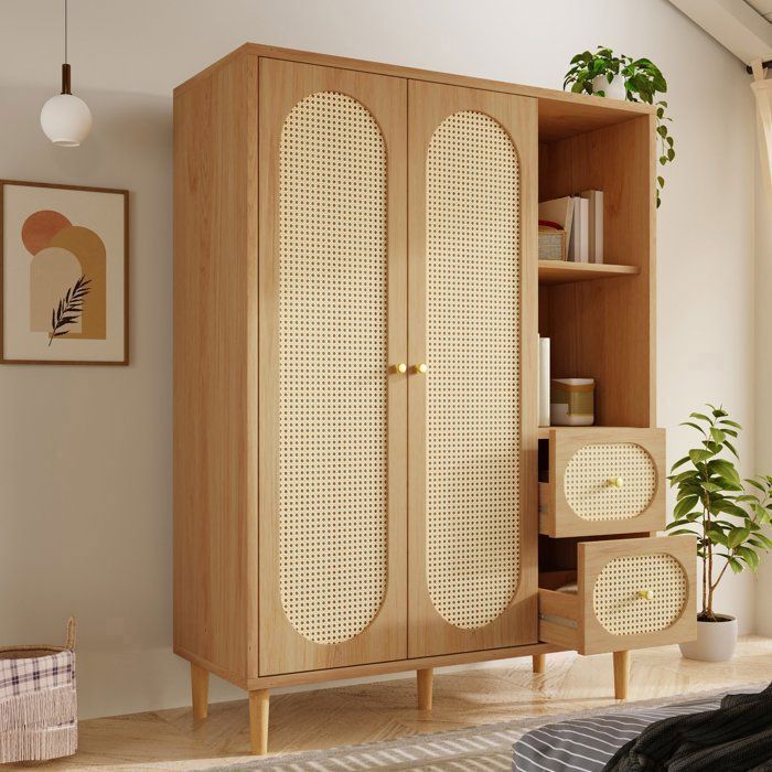 Armoire Chambre 2 Portes en Bois avec Cannage - 120x44x161 cm 2 Portes 2 Tiroirs Étagères Ouvertes Penderie