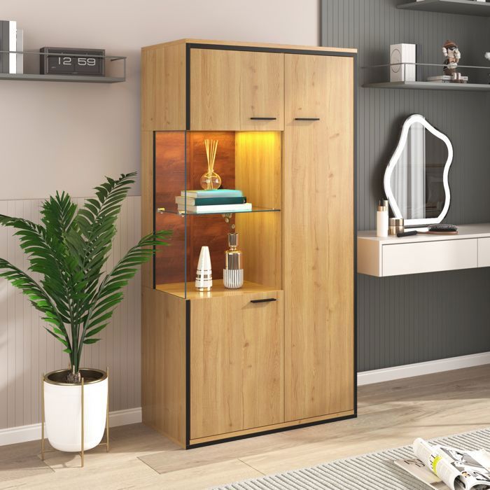 Vitrine Haute - LED - 77 5 x 40 x 150 cm - Meuble de Rangement Salon - Étagères Réglables - Bois Naturel Vitrine Haute - LED - 77 5 x 40 x 150 cm - Meuble de Rangement Salon - Étagères Réglables - Bois Naturel