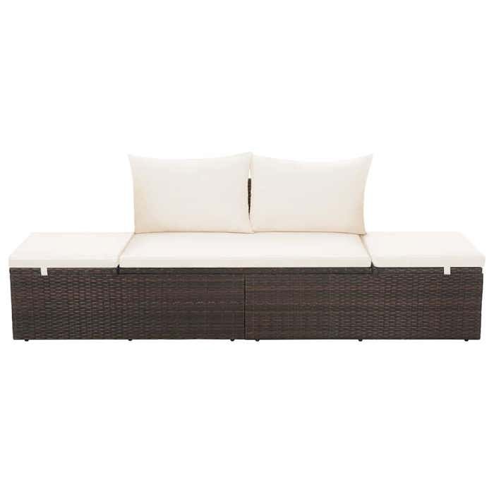 Lit de jardin en résine tressée - MEUBLECHIC - 195x60 cm - Marron et blanc crème - Réglable tête et pieds
