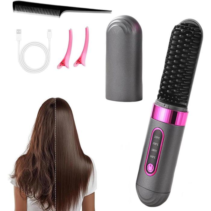Brosse Lissante Sans Fil Chauffage Céramique Fer à Lisser 4 Réglages De Température Avec Soin Capillaire 2 Fois Plus Rapide