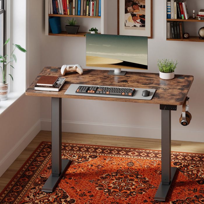 Bureau Assis-debout Réglable en Hauteur avec Fonction Mémoire Télétravail Rappel de Sédentarité 100 x 60 cm Marron