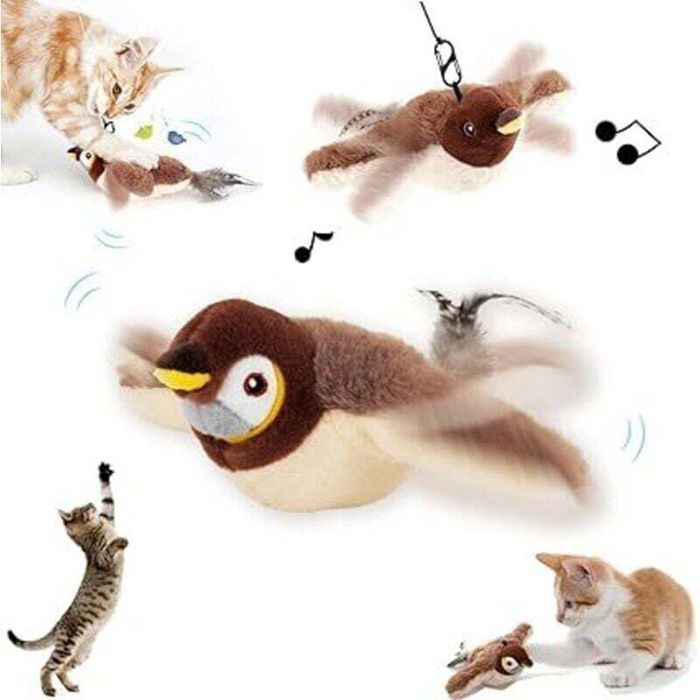 Oiseau Volant pour Chat Jouet pour Chat Oiseau Gazouillant Simulated Chirping Bird Jouet Interactif pour Chats(Moineau)