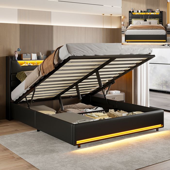 Lit Coffre 140x190cm avec Éclairage LED et Port USB Lit Double Capitonné avec Rangement et Tete de lit Adulte et Ado PU Noir