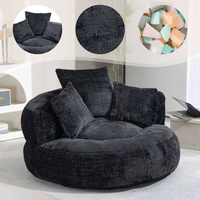 Fauteuil Lounge 108x108x52 cm Canapé de Sol avec Dossier Haut Accoudoirs et Mousse Haute Résilience - Chenille Noir Sans Montage