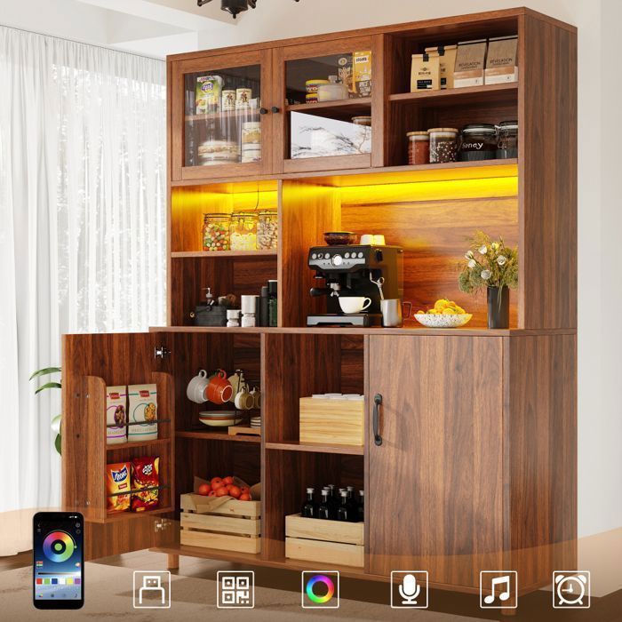 Buffet haut salle à manger -Meuble vaisselier cuisine avec éclairage LED -Armoire vitrine 140×40×185 cmStyle rétro couleur noix