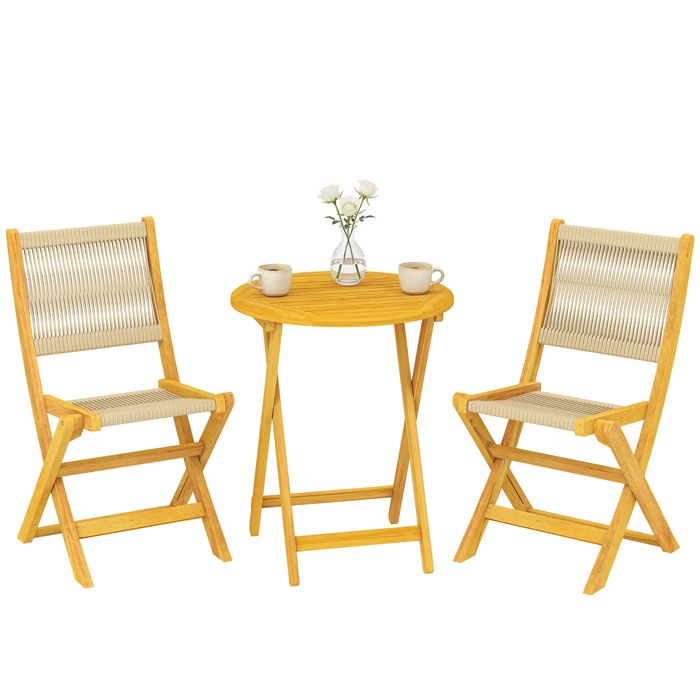 Salon de jardin - ensemble bistro - Outsunny - 3 pièces table ronde 2 chaises pliables - bois dacacia cordage PP - naturel Salon de jardin - ensemble bistro - Outsunny - 3 pièces table ronde 2 chaises pliables - bois dacacia cordage PP - naturel