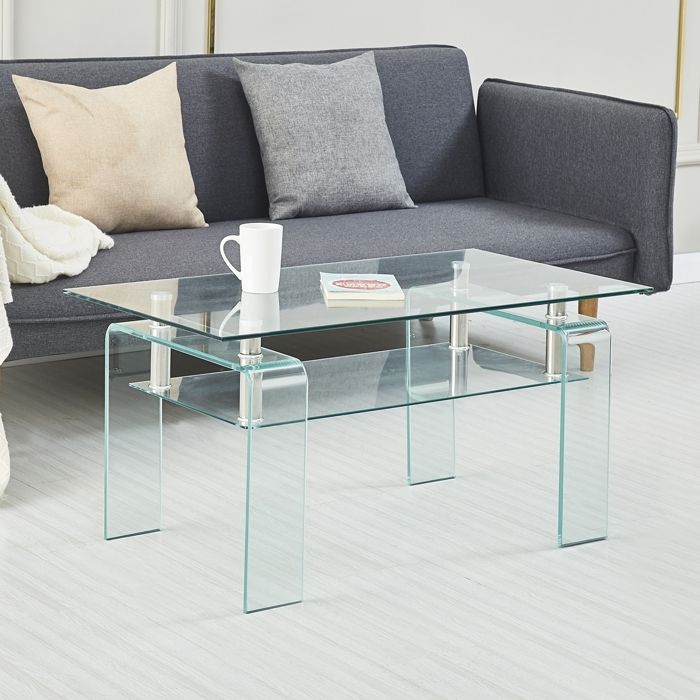 Table Basse en Verre Trempé Transparent Table dappoint Rectangulaire avec Pied en Verre Style Moderne Table de Salon100x55x45cm
