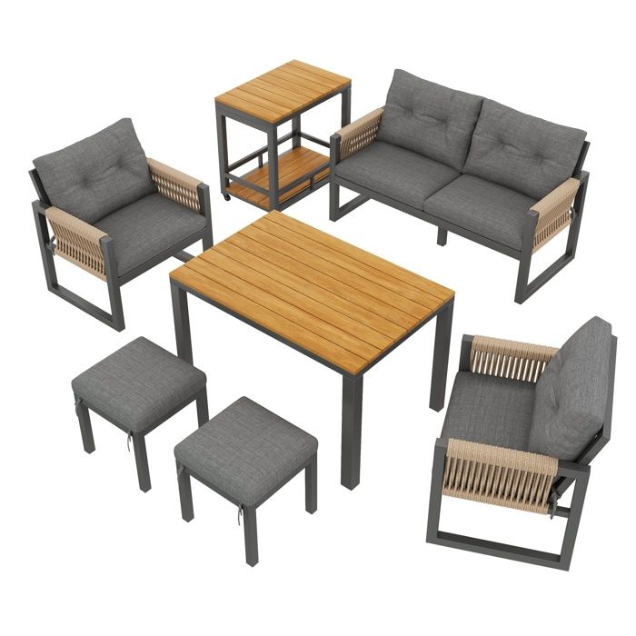 Salon de jardin multifonction moderne canapé accoudoirs tressés fer coussins inclus table terrasse jardin