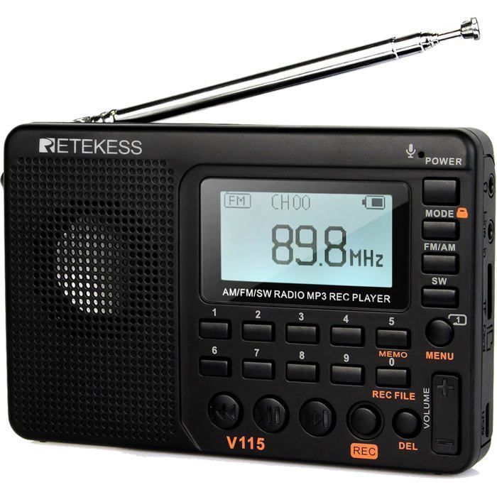 Retekess V115 Radio PortablePetite Radio RechargeableFM AM SW Piles et Secteur Carte TF Enregistreur MP3 Minuterie de Sommeil