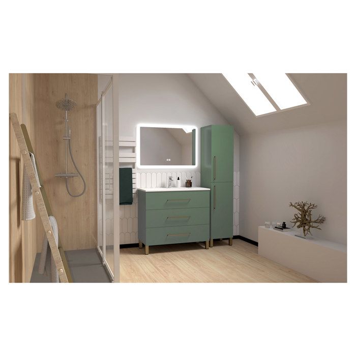ONDEE ZEN Meuble à poser MONACO - Dim 90cm - Vert Sauge - Mir ATHENA - Poignées Dorées