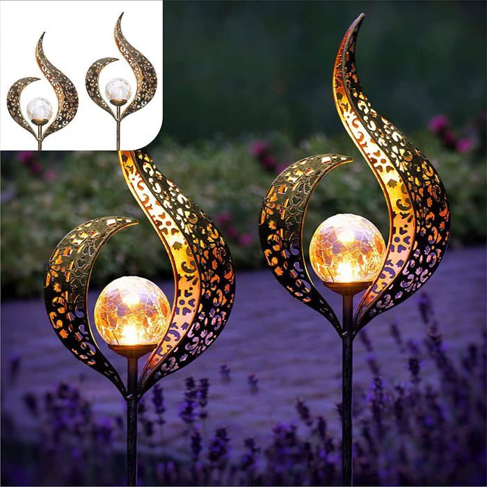 Lot De 2 Lampes Solaires DExtérieur À Effet Flamme Éclairage Led Boule En Verre Décoration De Jardin Et DAllée Lampes