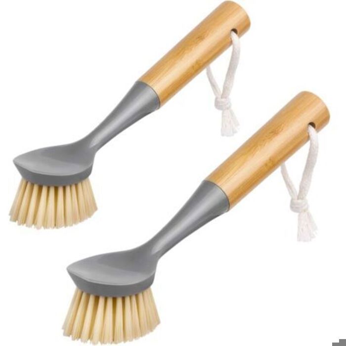 Brosse vaisselle bambou + grattoir intégré – Lot de 2 (gris) pour cuisine et casseroles