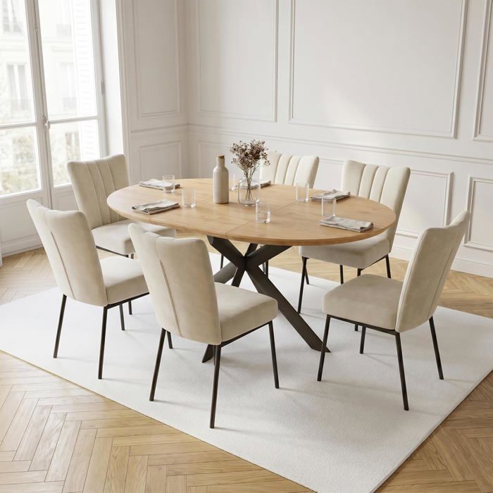 JIEXI Table de salle à manger ronde extensible et 6 chaises plateau en MDF de 110 à 150 cm chaises rembourrées en beige