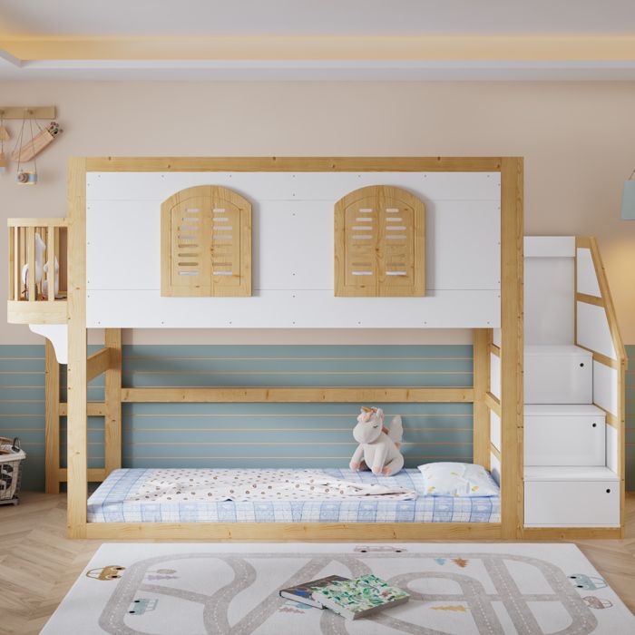 LIT ENFANT - Bois massif - 90x200 cm - Escalier-rangement - Aire de jeux