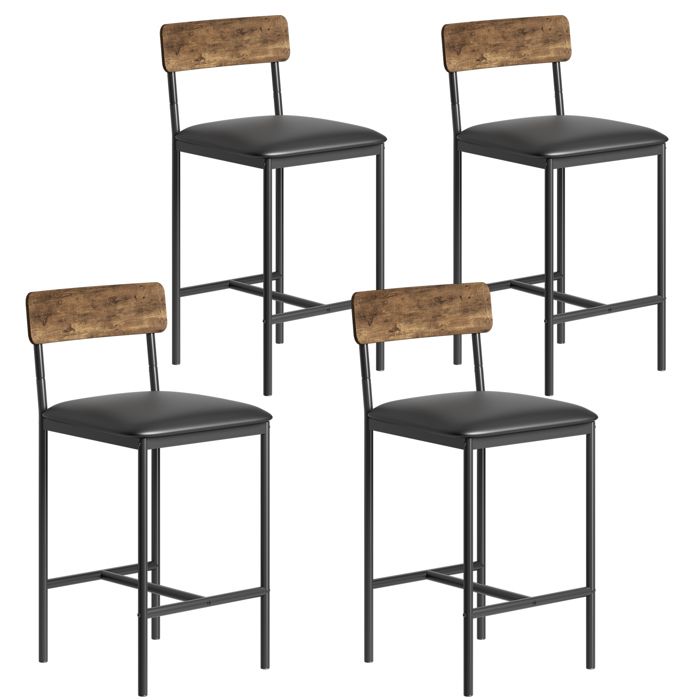 Garvee Lot 4 tabourets bar rétro : dossier repose-pieds assise large PU (65 cm). Pour cuisine îlot ou bar. Marron