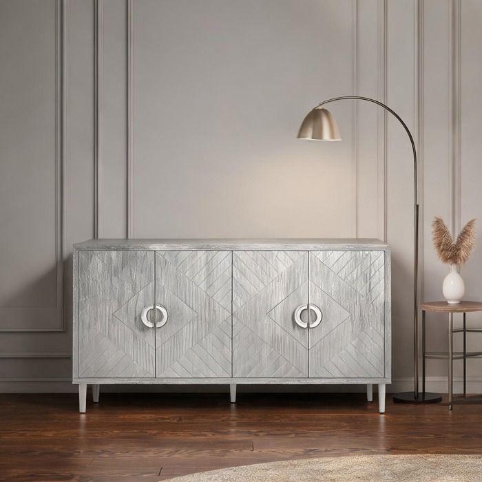Meuble de rangement 4 portes design contemporain 152 cm en MDF plaqué bois et pieds pin couleur champagne