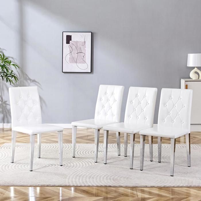 Chaises salle à manger (lot) - KOMHTOM - 42x46x89 cm - Blanc pur - Piètement métal argent - Scandinave Chaises salle à manger (lot) - KOMHTOM - 42x46x89 cm - Blanc pur - Piètement métal argent - Scandinave