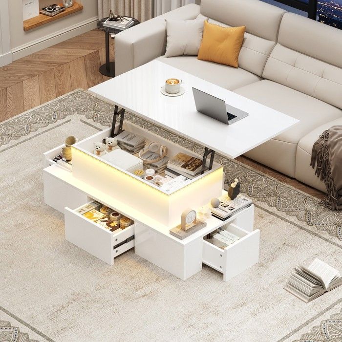 CollaHausse Table Basse Relevable 100x50cm 4 Tiroirs LED Brillante Blanc MDF