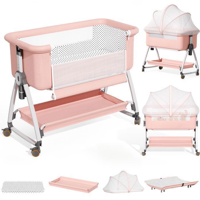 Lit Bébé Berceau Cododo Avec Matelas et Moustiquaire Table à LangerMode Balancelle et Inclinaison6 Hauteur Réglable - Rose Clair