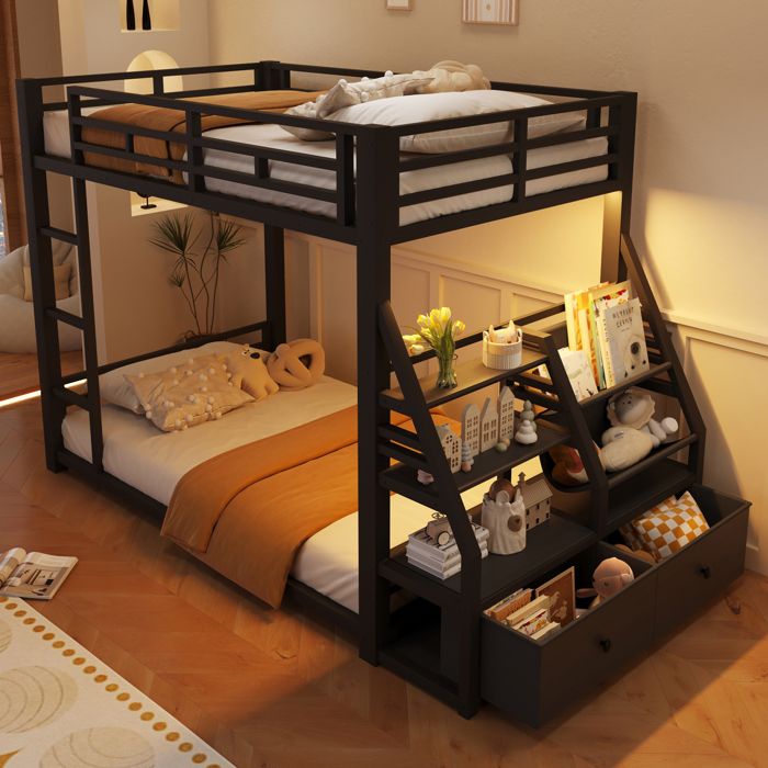 Lit superposé en métal noir 90 x 200 cm avec LED étagères de rangement et 2 tiroirs en tissu