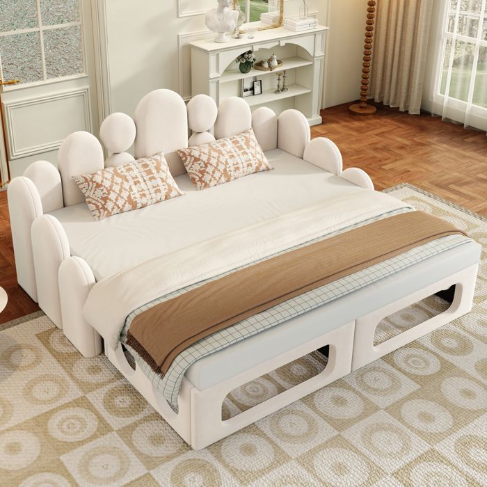 Lit rembourré multifonction 180 x 200 cm – velours beige – 2 couchages réunissables avec couchage pour animal