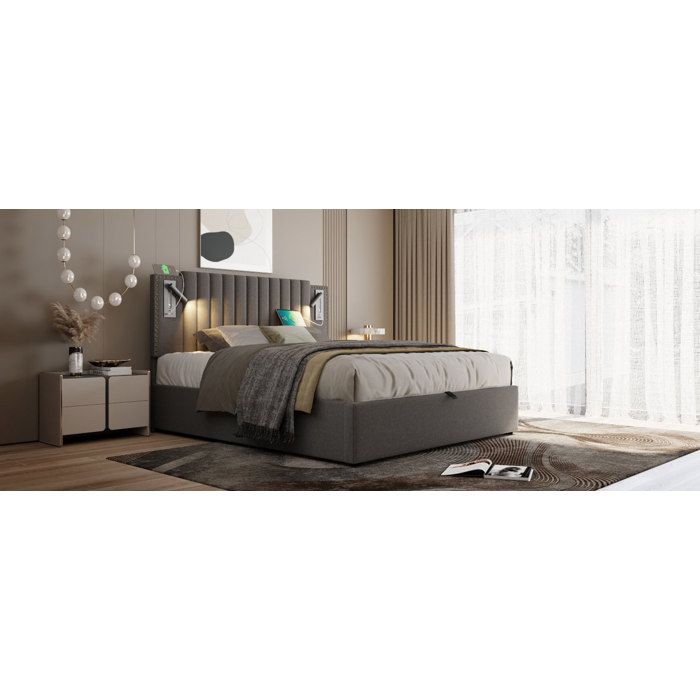 Lit coffre 140x200 avec matelas sommier à lattes liseuses USB et USB-C tête de lit réglable gris