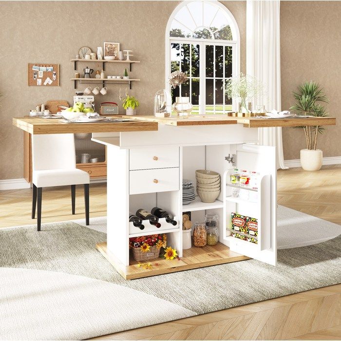 Table à manger extensible 110-140 x 80 cm avec rangements porte-bouteilles et 2 tiroirs blanc et aspect bois