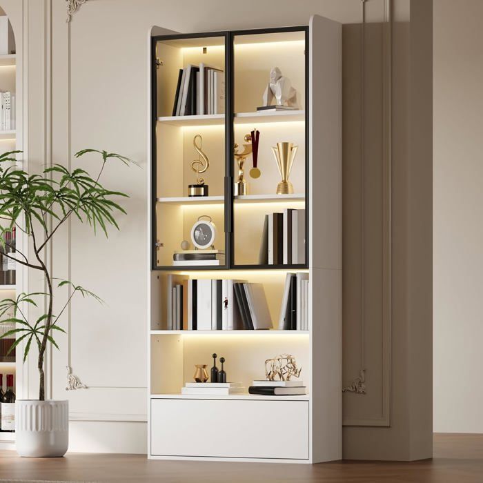 Vitrine LED avec Contrôle App Bibliothèque-180 cm - Meuble de Rangement avec Portes en Verre-6 Étagères et Tiroir-Blanc pour Salon