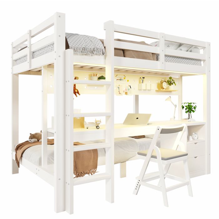 Lit superposé avec bureau  SENVIRO 140 x 200 cm et 90 x 200 cm blanc avec LED et 2 tiroirs