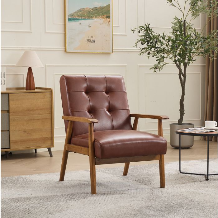 Fauteuil Lounge 1 Place avec Accoudoirs Pull-Point - BEAUNIV - Cuir Véritable Marron Bois d’Hévéa 64×80×83 cm