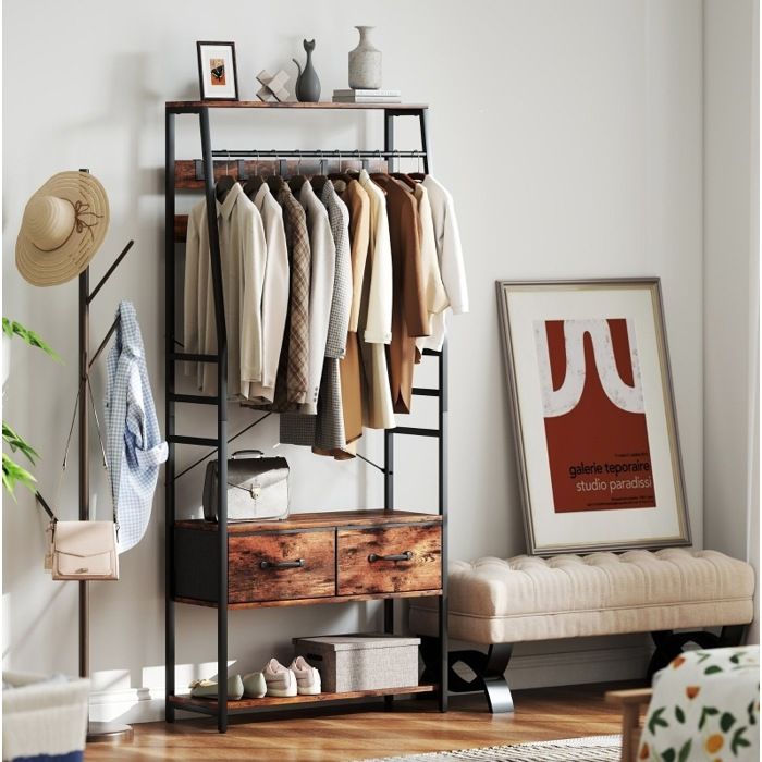 Vestiaire dentree avec tringle 10 crochets 2 tiroirs en tissu et etagere a chaussures 80 x 30 x 180 cm