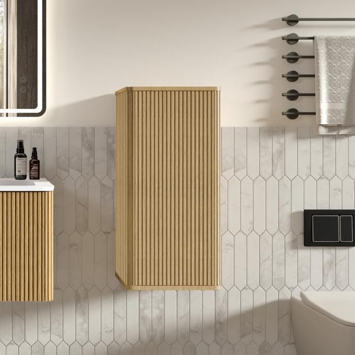 Armoire murale de salle de bain suspendue MDF couleur chêne design rainuré meuble rangement 36x29x75cm pour petits espaces Armoire murale de salle de bain suspendue MDF couleur chêne design rainuré meuble rangement 36x29x75cm pour petits espaces