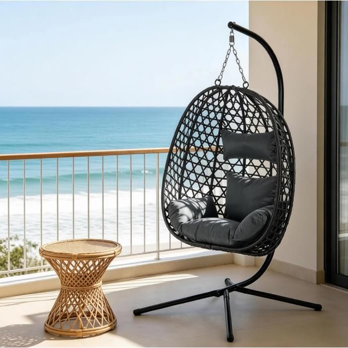 Fauteuil suspendu avec support fauteuil oeuf en rotin PE gris foncé hauteur réglable 105x105x195 cm ORVRYN