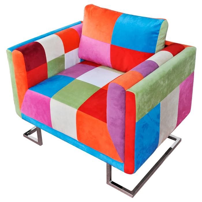 Meuble Fauteuil cube avec design de patchwork Chrome Tissu SIEGE - ASSISE FF11720