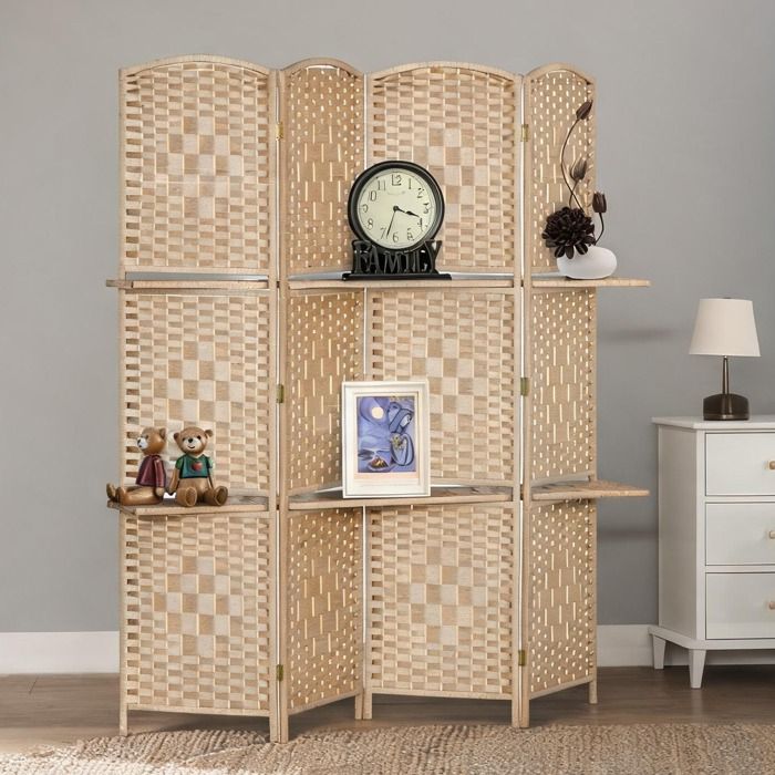 Paravent en fibre de papier et pin 4 panneaux pliables 160x170 cm avec rangements style naturel