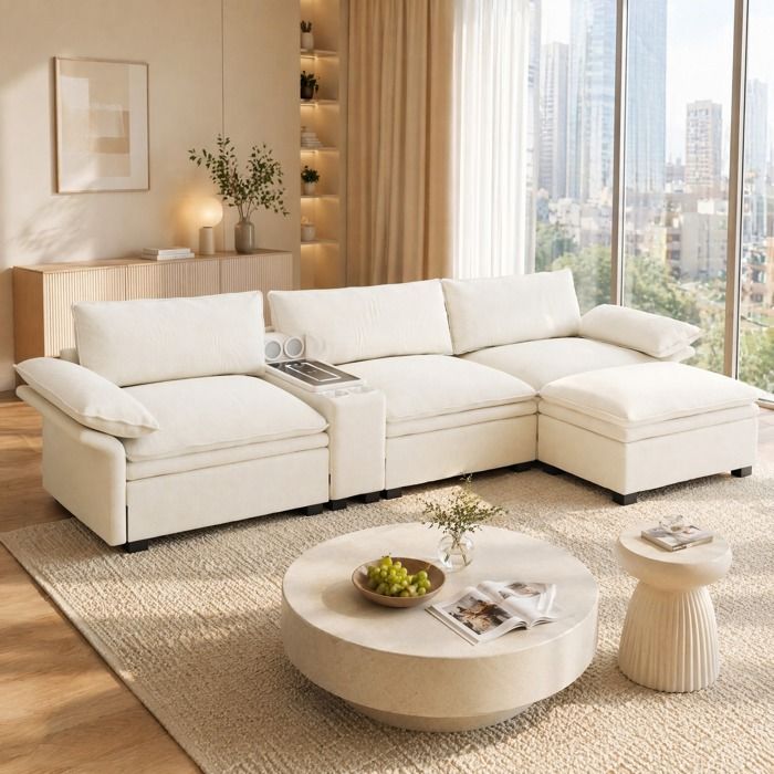 ROVRYN Canape d angle modulaire 4 places 315 cm en chenille avec ottoman mobile beige et blanc
