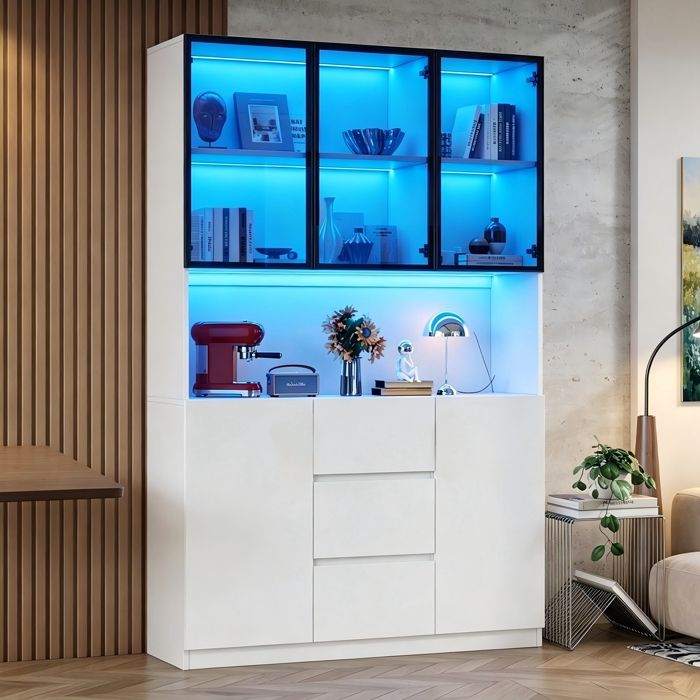 Vitrine avec éclairage LED Vitrine en Verre Trempé avec étagères Ouvertes 3 Tiroirs et 2 Portes Bibliothèque 120x40x200 cm