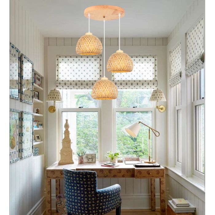 ElektraH 3lampes Suspensioon Luminaire Industriel Lustre Moderne Abat-jour en Bambou E27 Lampe de Plafond Style Bohème pour Chambre