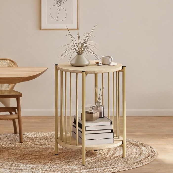 Table dappoint ronde effet bois naturel et acier doré 2 niveaux style contemporain Ø 41 x 49 cm