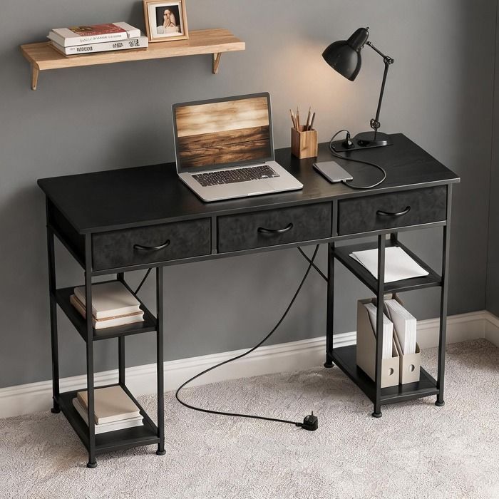 Bureau de bureau avec station de charge intégrée et nombreux rangements 120 x 40 x 76 cm noir