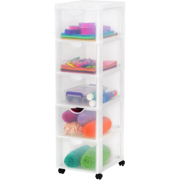 Meuble à Roulettes 5 Tiroirs Plastique Transparent Sans BPA Caisson Bureau Roulant Blanc Chambre Salle de Bain Papeterie