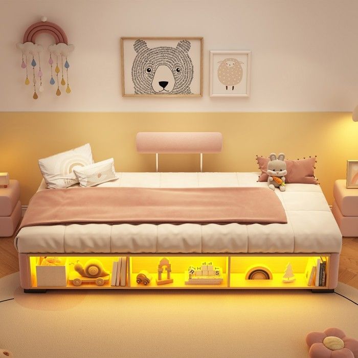 Lit enfant rose capitonné 90x200cm étagère LED rangement tête modulable 3 côtés lit bas chambre junior Sans Matelas